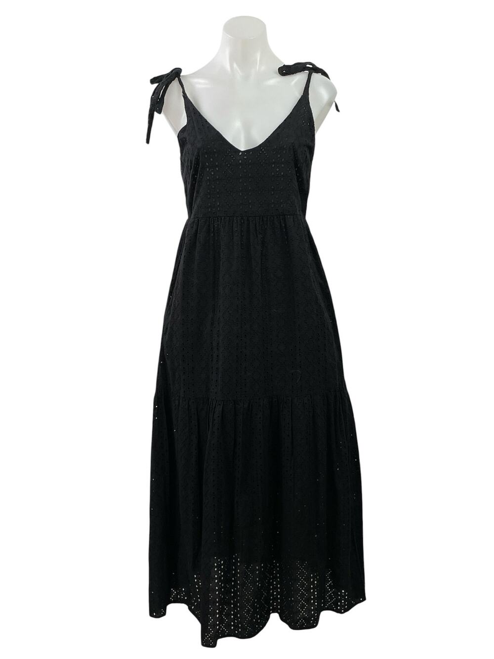 Topshop Black Embroidered Eyelet Tie Strap Sleeveless A Line Midi Dress Size 4
